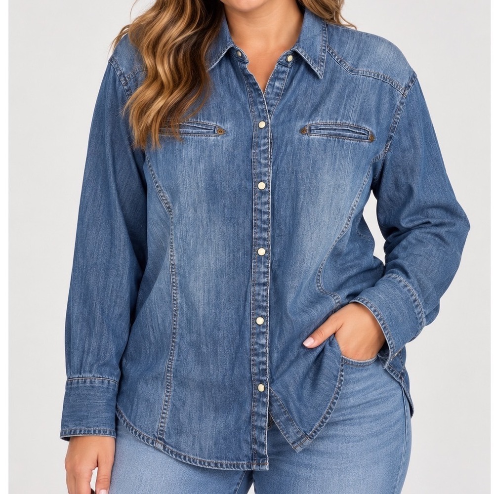 Eddie Bauer Women XXL Denim Pearl Snap Western Shirt Chambray Cowgirl Blue